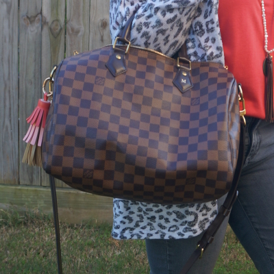 Louis Vuitton Damier Ebene 30 speedy bandouliere with leopard cardigan | awayfromtheblue