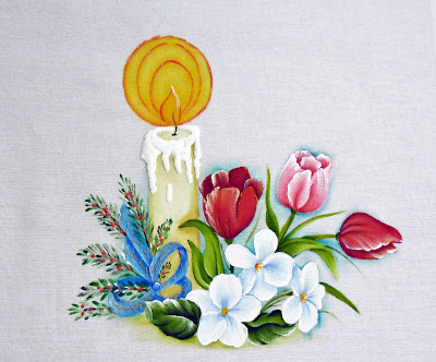 pintura em tecido vela de natal com tulipas e violas brancas