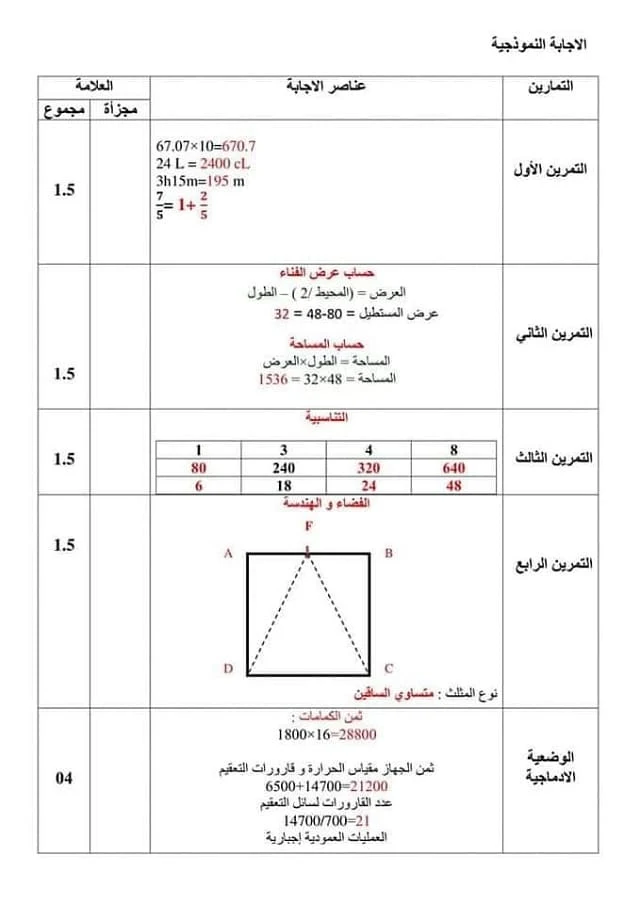 تصحيح موضوع الرياضيات لشهادة التعليم الابتدائي 2021