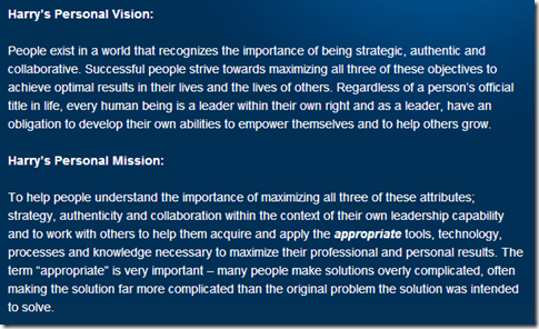 Harry's personal vision and mission.