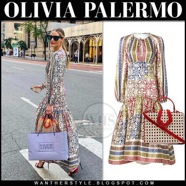 Olivia Palermo in tile print dress with box bag