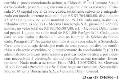 Imagem de ata de reunião de acionisas da Frutal Bionergia da BP Bunge
