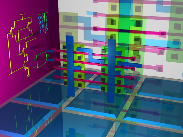 A raytraced colored glass integrated circuit mask layout of a NAND logic circuit made from a gate array.