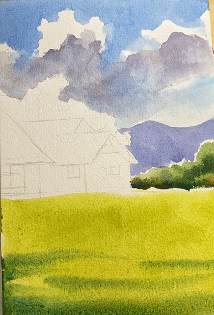 watercolor mountain cabin painting step by step