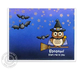 Sunny Studio Stamps: Happy Owl-o-ween Witch on Broomstick Halloween Card by Mendi Yoshikawa