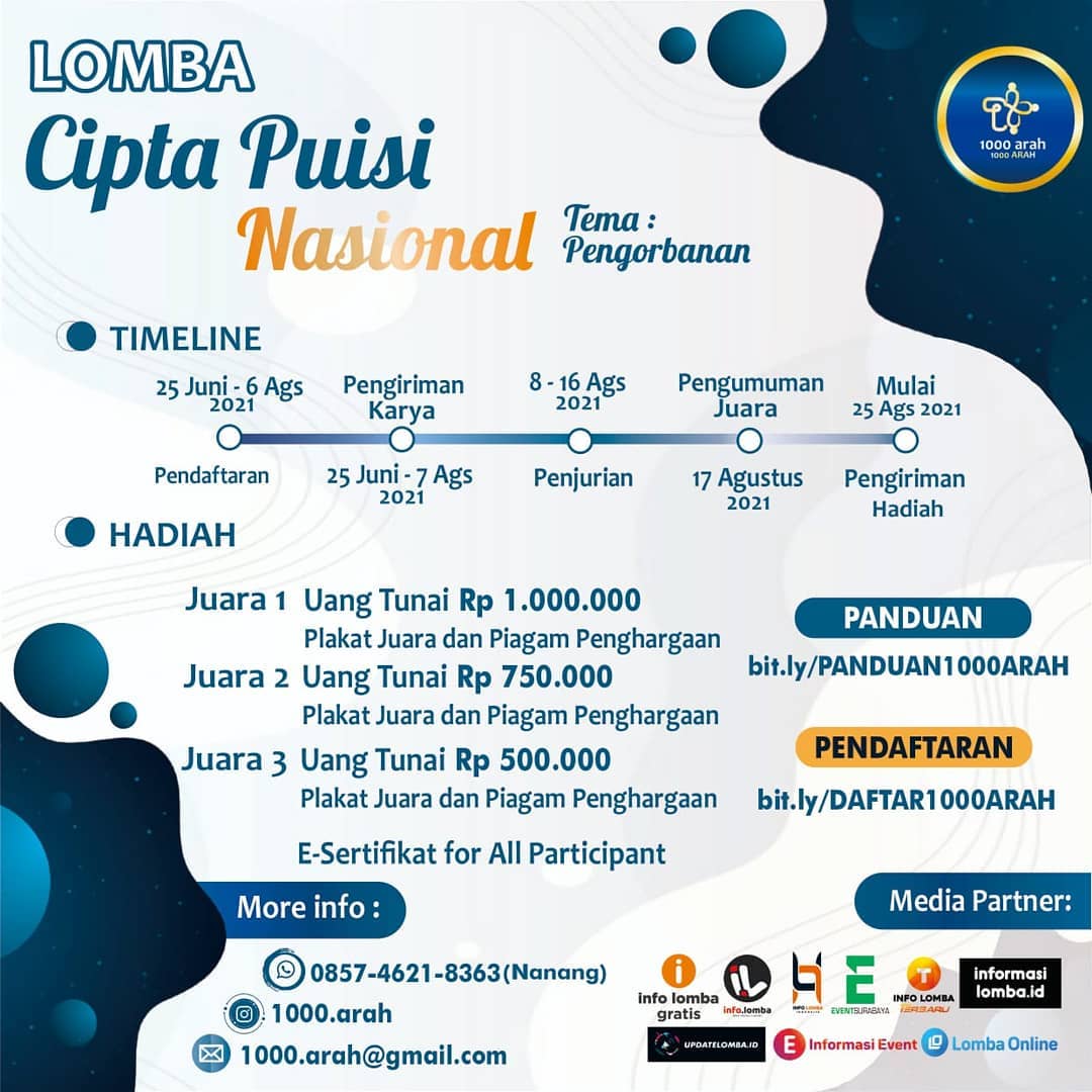 Lomba Cipta Puisi Tingkat Nasional 2021 Berhadiah Uang Tunai oleh 1000 Arah