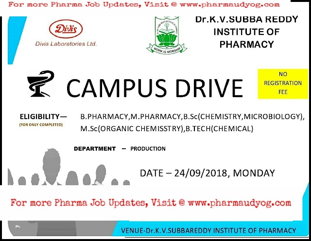 Divis Laboratories | Campus Recruitment for Chemistry & Pharma Graduates | 24th September | Kurnool