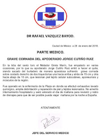 parte medico, cornadas, cogidas, cirugia taurina, servicio medico de la plaza mexico