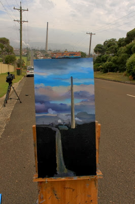 Urban decay - plein air oil painting of the Port Kembla Copper stack by industrial heritage artist Jane Bennett