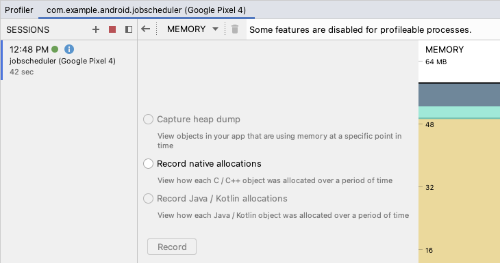 Screenshot showing Android Studio memory profiler features when profiling a profileable build