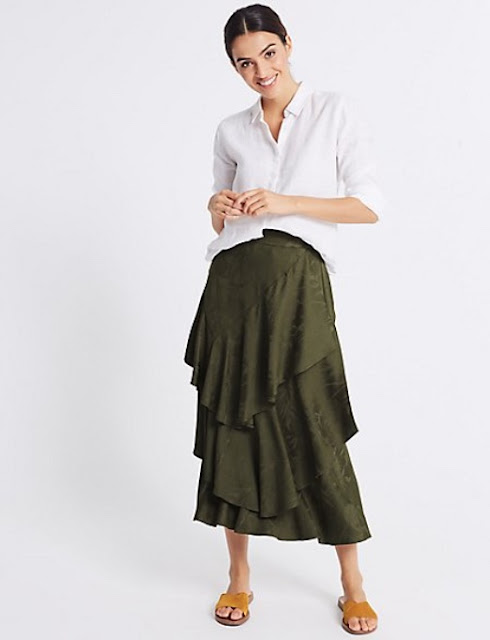 marks and spencer printed ruffle front pencil midi skirt