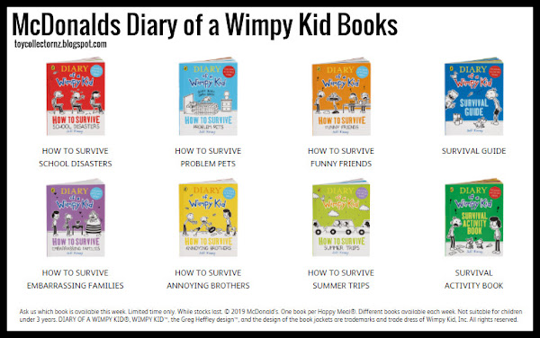 McDonalds Diary of a Wimpy Kid Books 2019 Set of 8 includes How to Survive Annoying Brothers, How to Survive School Disasters, How To Survive Embarrassing Families, How To Survive Problem Pets, How To Survive Funny Friends, How To Survive Summer Trips, Survival Guide and Survival Activity Book