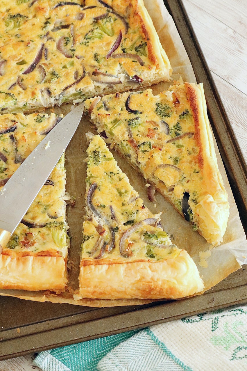 sliced codfish and broccoli tart