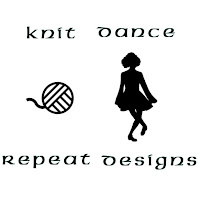 Black on white: The logo is in three sections. The top section is the words "Knit Dance". The center section is the image of a stylized ball of yarn and the silhouette image of an Irish dancer. The bottom section is the words "Repeat Designs".