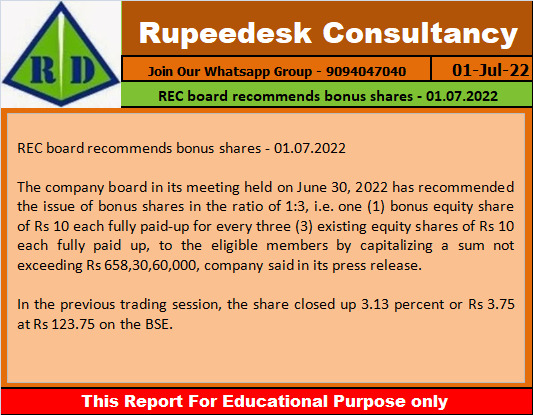 REC board recommends bonus shares - 01.07.2022