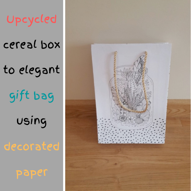 Upcycled cereal box to elegant gift bag using decorated paper