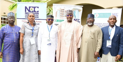 L-R: Mr. Ismail Adedigba, Director, Research and Development, Nigerian Communications Commission (NCC); Dr. Caroline Alenoghena, Director, Entrepreneurship Centre, Federal University of Technology, Minna; Mr. Abdulrahman Ado, Executive Director, 9Mobile;  Prof. Umar Garba Danbatta, Executive Vice Chairman, NCC; Engr. Ubale Maska, Executive Commissioner, Technical Services, NCC; Prof. Kabiru Bala, Vice Chancellor, Ahmadu Bello University, Zaria, during the Regional Roundtable with Academia, Industry and other Stakeholders hosted by the Commission in Kano recently.