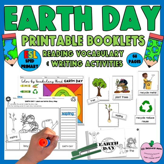 ESL Earth Day newcomer reading booklet vocabulary story mat worksheets