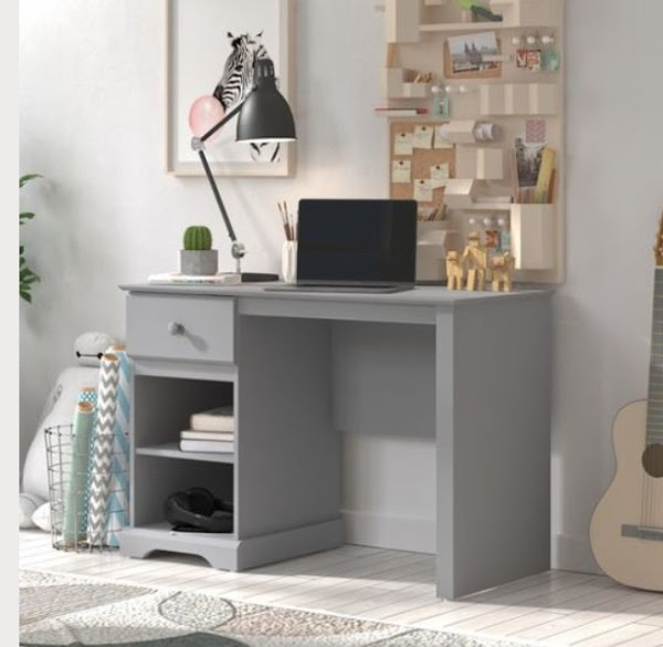 Image: Campbell Wood Kids Desk with 1 Drawer and 2 Shelf Storage, Gray or White