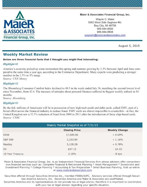 August 3, 2015 Weekly Market Update from Maier & Associates Financial Group