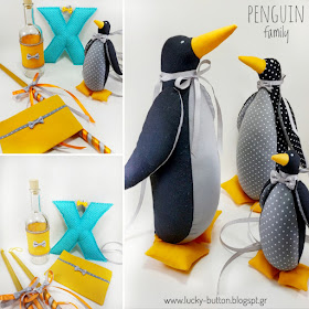 "Penguin Family" Σετ κολυμπήθρας: Υφασμάτινοι πιγκουίνοι και μονόγραμμα και για το στολισμό λαμπάδας βάπτισης 