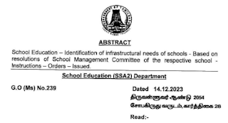 SMC தீர்மானங்களின் அடிப்படையில் பள்ளிகளுக்கு தேவையான உட்கட்டமைப்பு வசதிகளை கண்டறிதல் - பள்ளிக் கல்வித் துறை அரசாணை வெளியீடு!