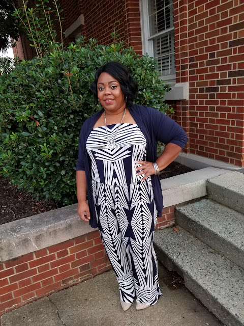 Lane Bryant cardigan, Jumpsuit from Rainbow Shops, Cato faux suede pumps