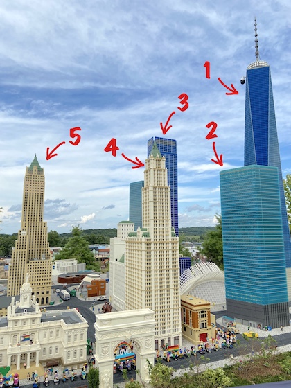 One World Trade Center, 7 World Trade Center, 3 World Trade Center, Woolworth Building, 40 Wall Street in legoland NY - miniland