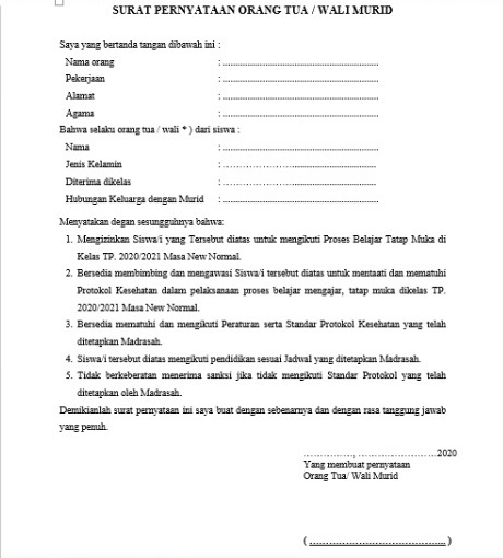 Contoh Surat Pernyataan Orang Tua Wali Murid Memberikan Izin Untuk Belajar Di Masa New Normal Admin Bawean