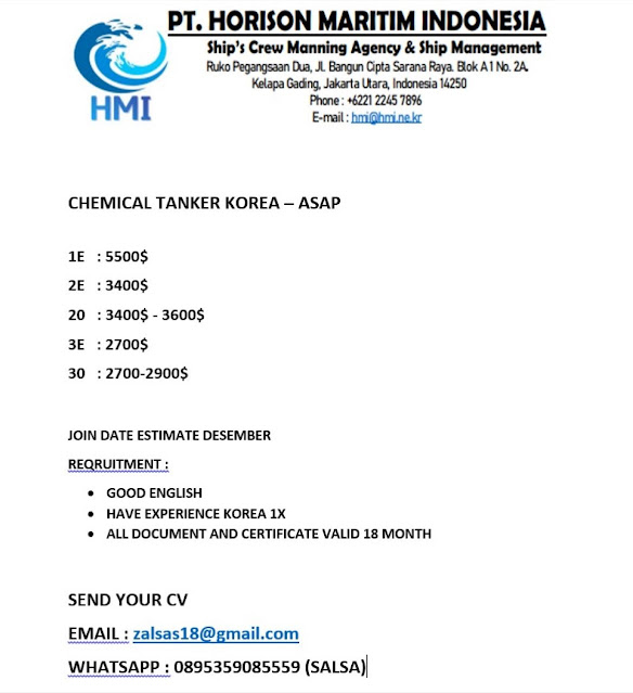 Loker Tanker Korea Join ASAP Desember 2023 Masinis, Officer