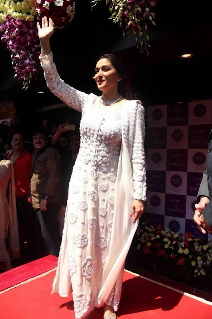 Madhuri Dixit in White Full Sleeves “V” Shape Neck Full Sleeves Embroidery Salwar Kameez