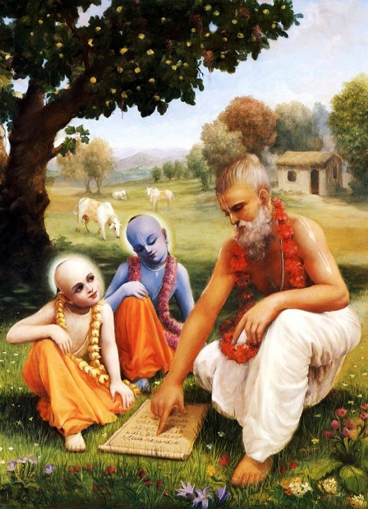 Lord Krishna (the Supreme God and the foremost Guru) with His brother (Balarama) taking knowledge from their Guru, in His Krishna Leela, as a succession of passing of Knowledge
