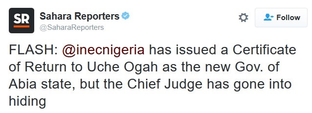 BREAKING News: INEC Issues a Certificate of Return to Uche Ogah, the New Abia State Governor