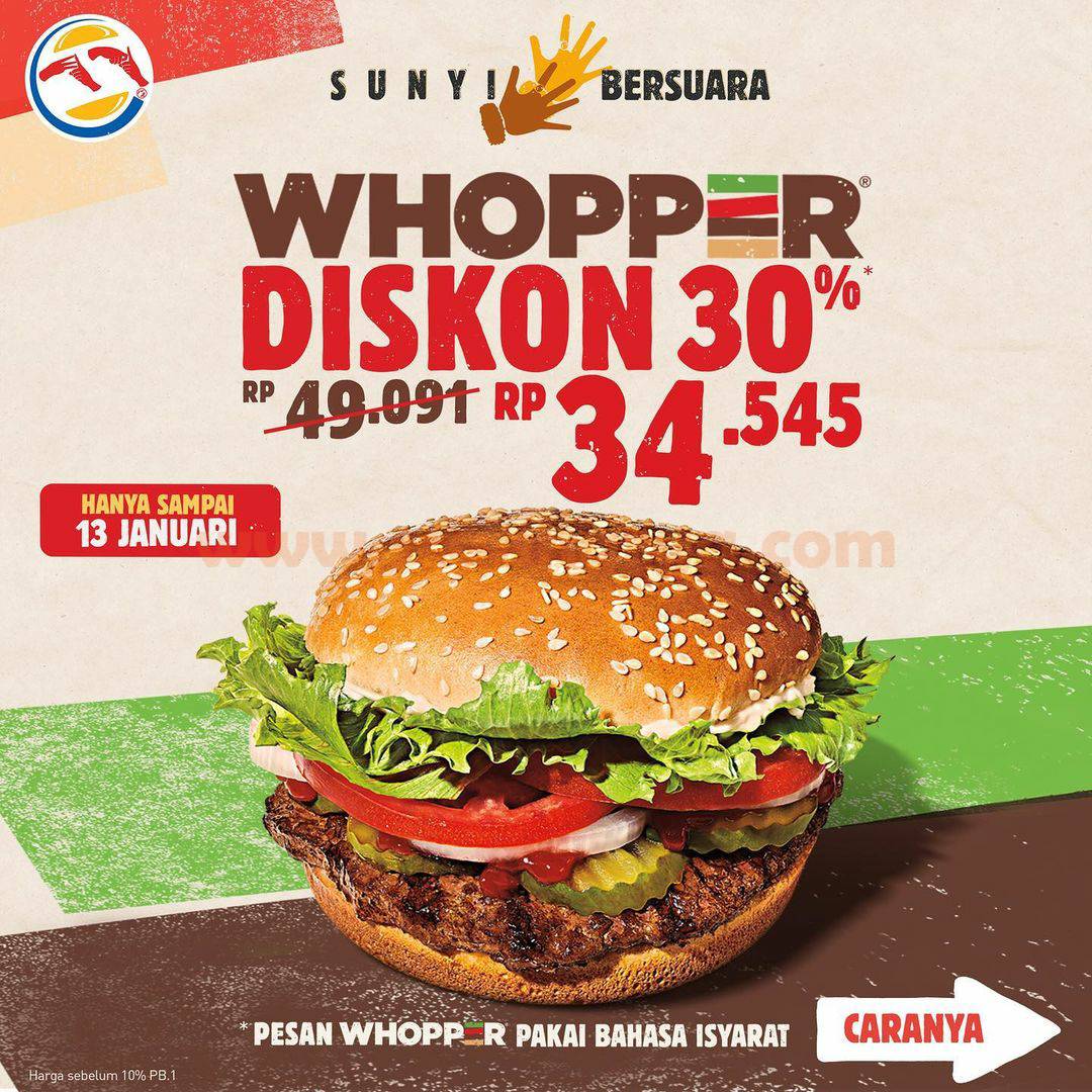 BURGER KING promo Diskon 30% untuk WHOPPER! harga hanya Rp 34.545