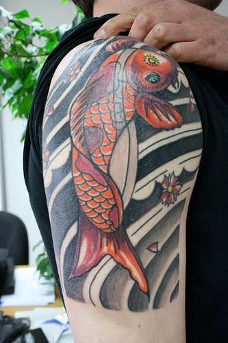 Flower Dragon Fish Tattoos Design On Arm For Men