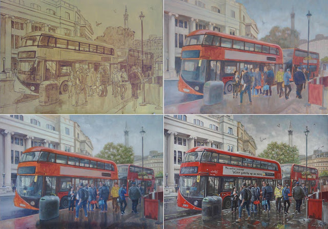 M P Davey London bus stop painting in stages