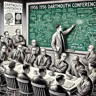 Scientists discussing early AI concepts at the Dartmouth Conference in 1956
