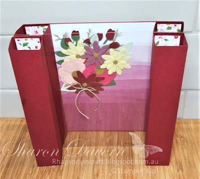 Rhapsody in craft,#rhapsodyincraft, #colourcreationsbloghop,Cherry Cobbleer, Fun Fold, Fancy Fold, Collapsible Pillar Card, Birthday Card, Delightfully Eclectic DSP, Bright and Beautiful DSP, Paper Florist Dies, Seasonal Branches Dies, Season Branches, #loveitchopit, Art with Heart, Stampin' Up