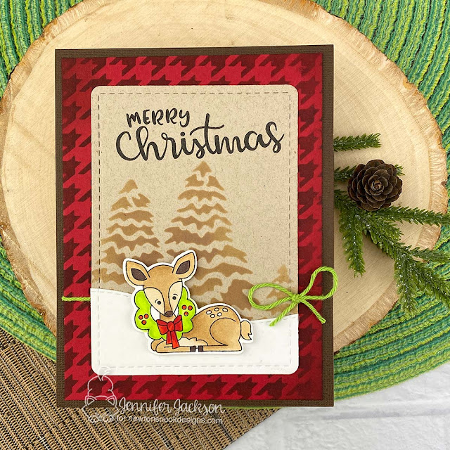 Merry Christmas Card with Deer by Jennifer Jackson | Festive Fawns Stamp Set, Frames & Flags Die Set, Houndstooth Stencil and Evergreens Stencil Newton's Nook Designs #newtonsnook #handmade