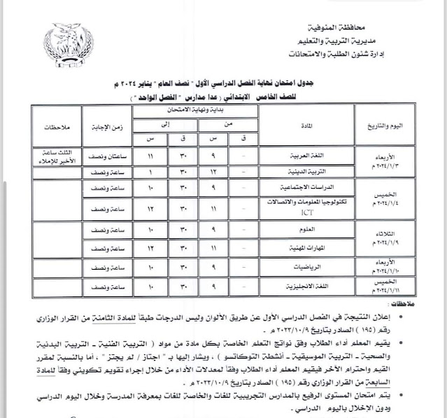 جداول امتحانات محافظة  المنوفية ترم أول 2024 %D8%AE%D8%A7%D9%85%D8%B3