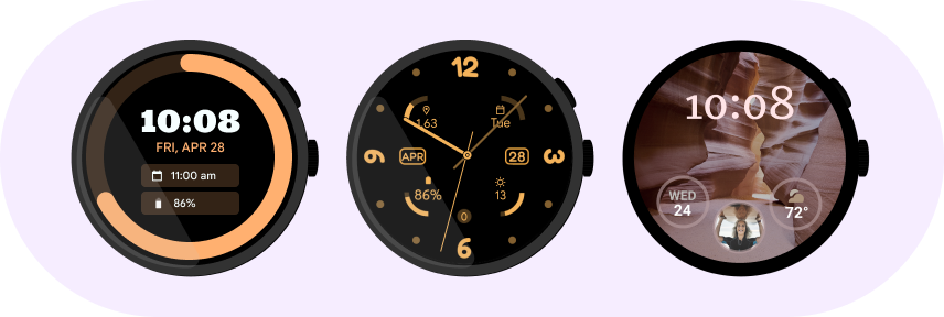 Three watch faces displaying different complication formats.