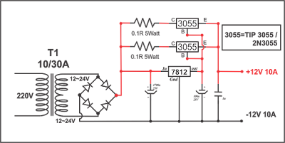 Rangkaian Penguat Arus Power Supply 10A, 15A, 20A, 30A