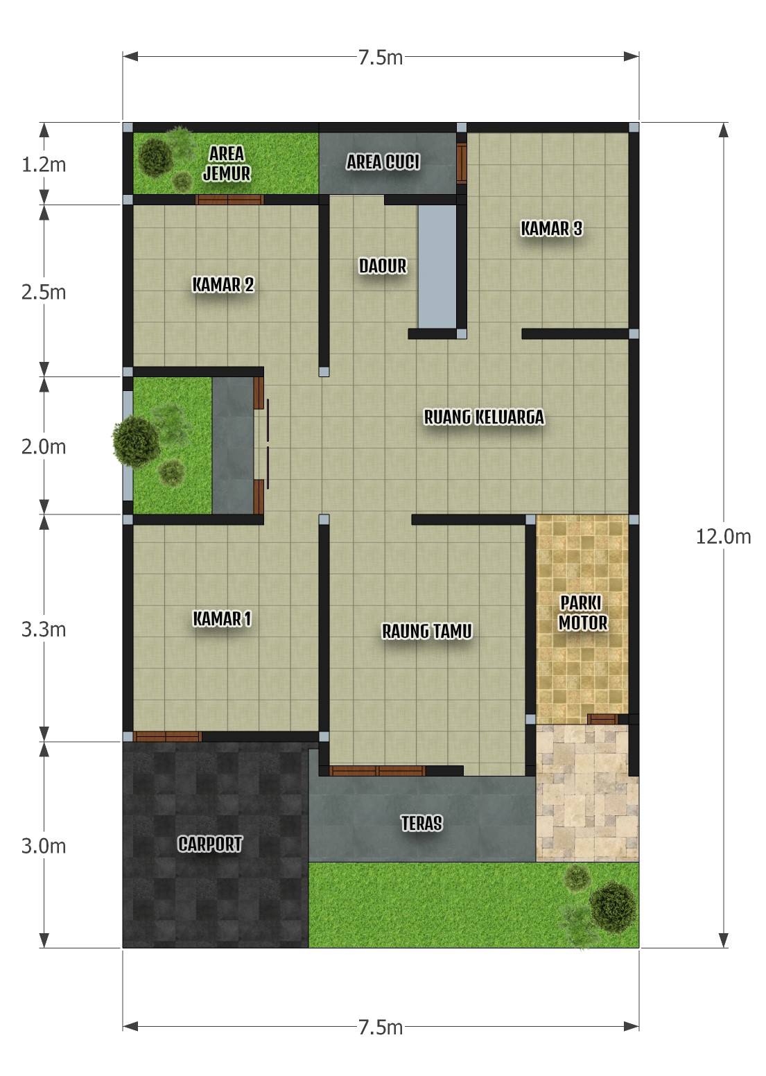 Rumah minimalis 7.5x12 3 Kamar Tidur - DESAIN RUMAH MINIMALIS - Denah Rumah Ukuran 8x12 Kamar 4