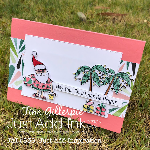 scissorspapercard, Just Add Ink, Sun-Lovin' Santa, Joy To The World Paper Pumpkin, Rectangle Stitched Dies, All Dressed Up Dies, Tropical Escape DSP, Stampin' Blends