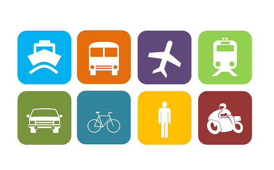 icons of a ship, a train, an aircraft, a car, a tram, a cycle, a bike and a man