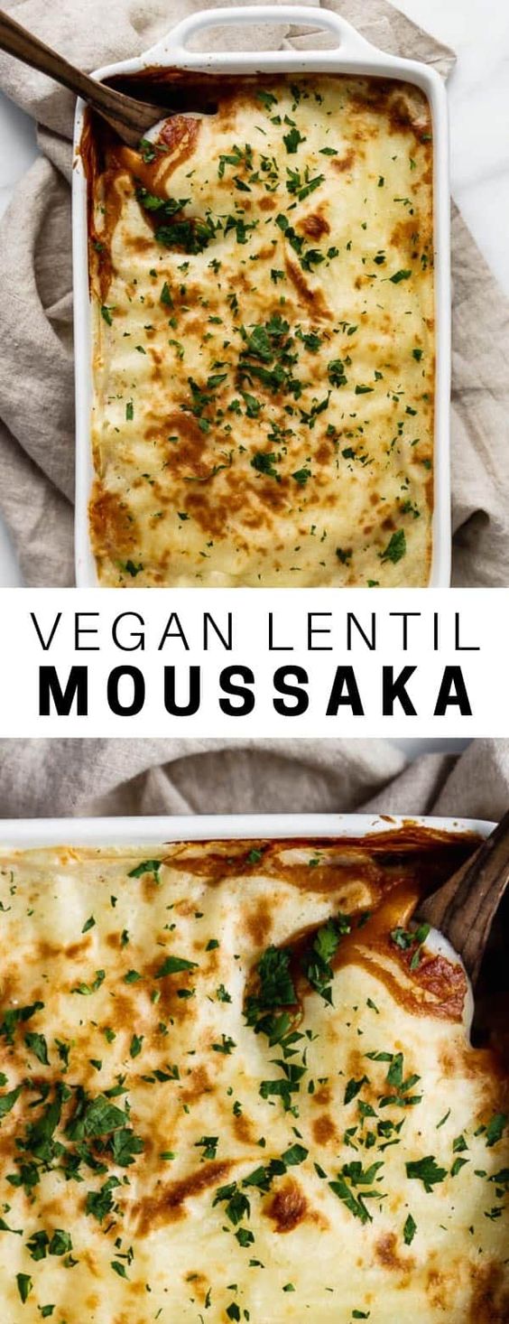 This vegan lentil moussaka is twist on the classic greek dish. It's made with layers of eggplant, lentils, and mashed potatoes for a delicious weeknight dinner recipe! #veganrecipe #lentilrecipe #healthy #moussaka #choosingchia