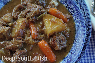 A savory southern beef stew, made from chunks of seasoned chuck roast, a mixture of beef stock and water, loads of herbs, potatoes, celery and carrots, rich and loaded with flavor.