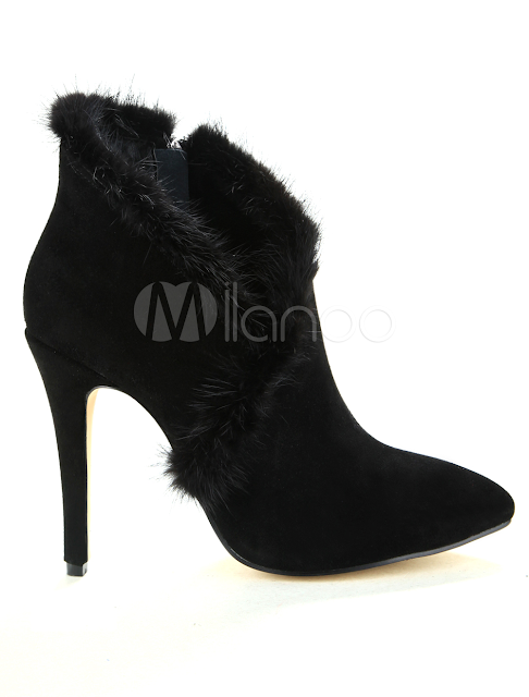 China Wholesale Shoes - 3 9/10'' High Heel Fashion Black Sheepskin Suede Mid Calf Boots