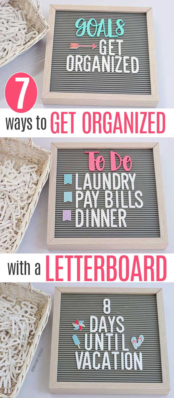 Use a letter board to get organized. These ideas are GENIUS! Super easy ways to use a letterboard for home organizing. #letterboard #organizing #homedecor #organize #homeideas