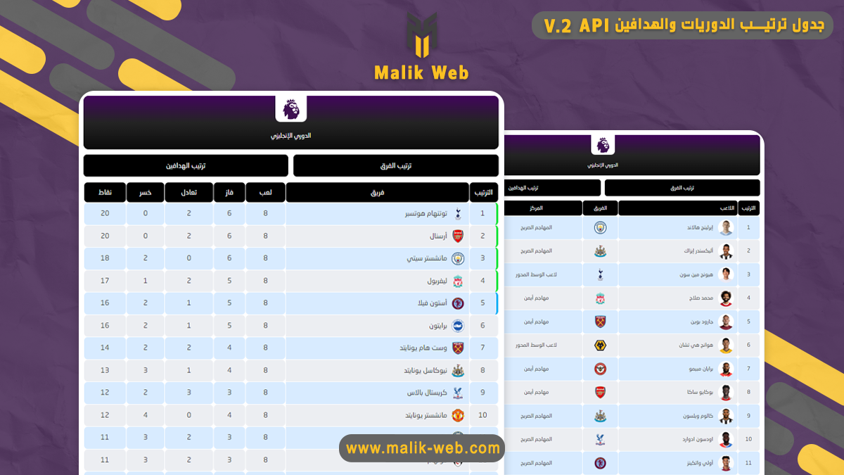 إضافة : ترتيب الدوريات والهدافيين بتقنية API النسخة V2 "تحديث النتائج فوري"